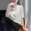 French acetate satin shirt women's summer solid color loose short top, high-end V-neck straight shoulder mulberry silk T-shirt Application Scenario